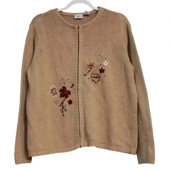 Vintage 90s Full Zip Sweater Jacket Size Large Ramie Knit Embroidered Leaf Fall - Picture 1 of 12